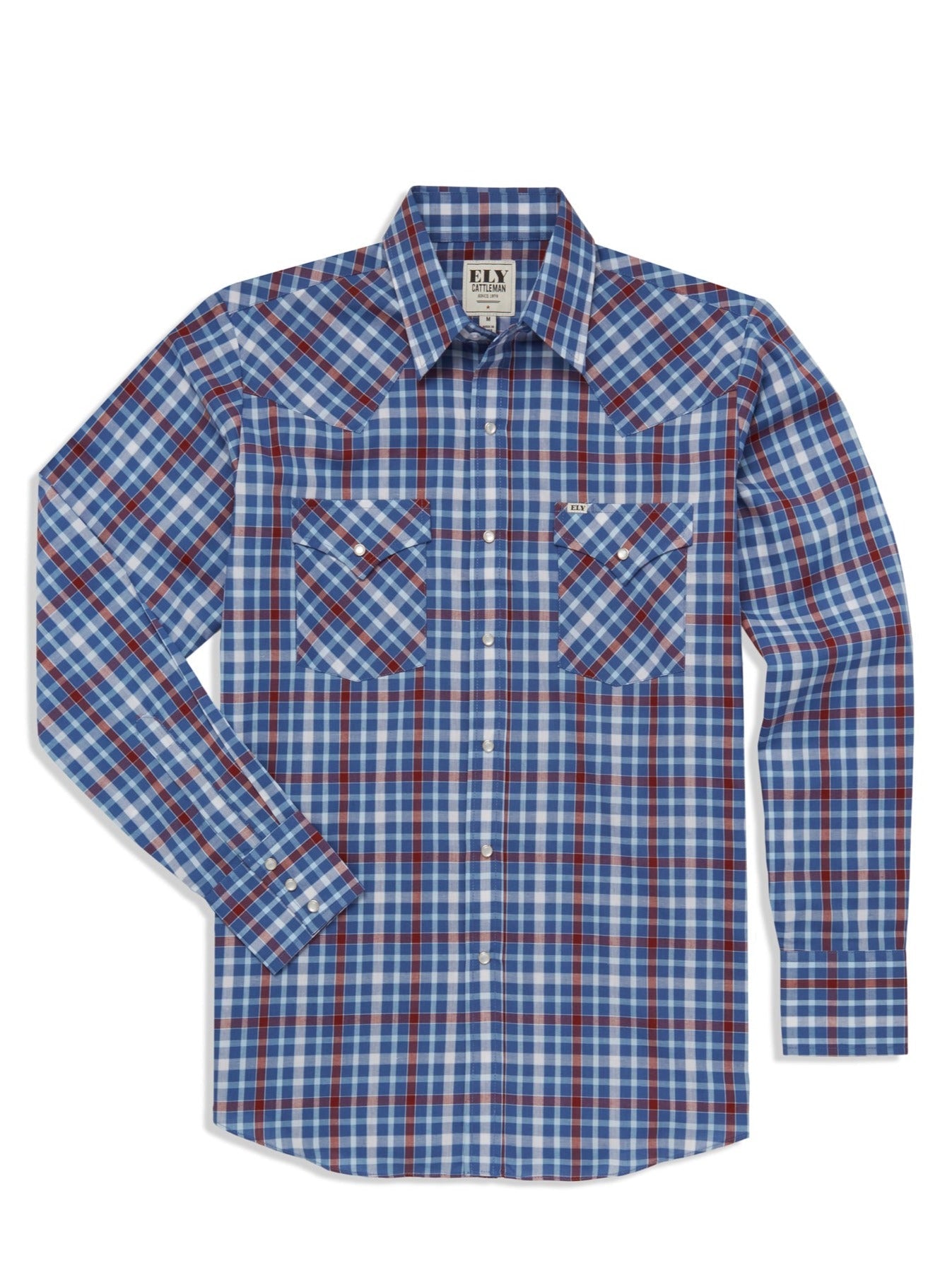 Men's Ely Cattleman Long Sleeve Heritage Plaid Western Snap Shirt- Blue & White