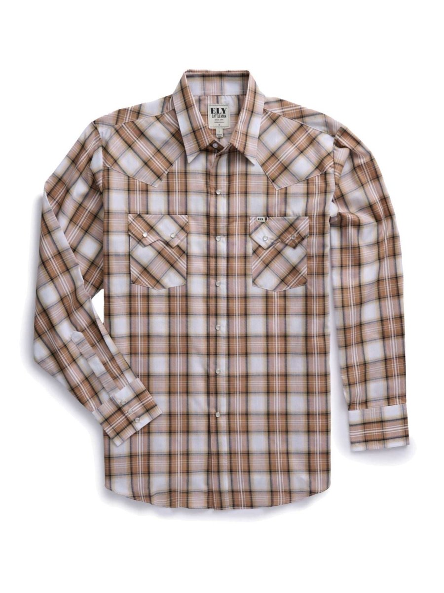 Men's Ely Cattleman Long Sleeve Textured Plaid Western Snap Shirt- Teal & Khaki - Ely Cattleman - Flyclothing LLC