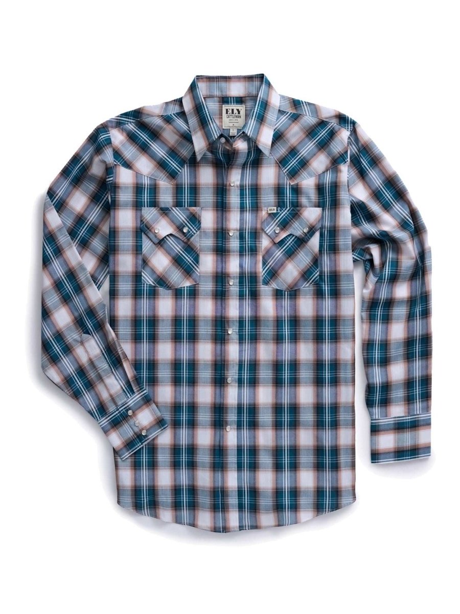 Men's Ely Cattleman Long Sleeve Textured Plaid Western Snap Shirt- Teal & Khaki - Ely Cattleman - Flyclothing LLC