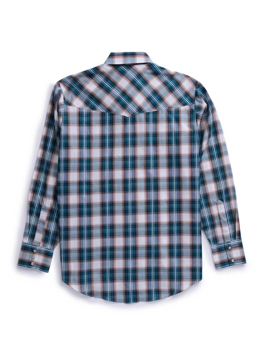 Men's Ely Cattleman Long Sleeve Textured Plaid Western Snap Shirt- Teal & Khaki - Ely Cattleman - Flyclothing LLC