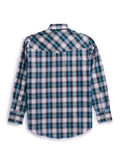 Men's Ely Cattleman Long Sleeve Textured Plaid Western Snap Shirt- Teal & Khaki - Ely Cattleman