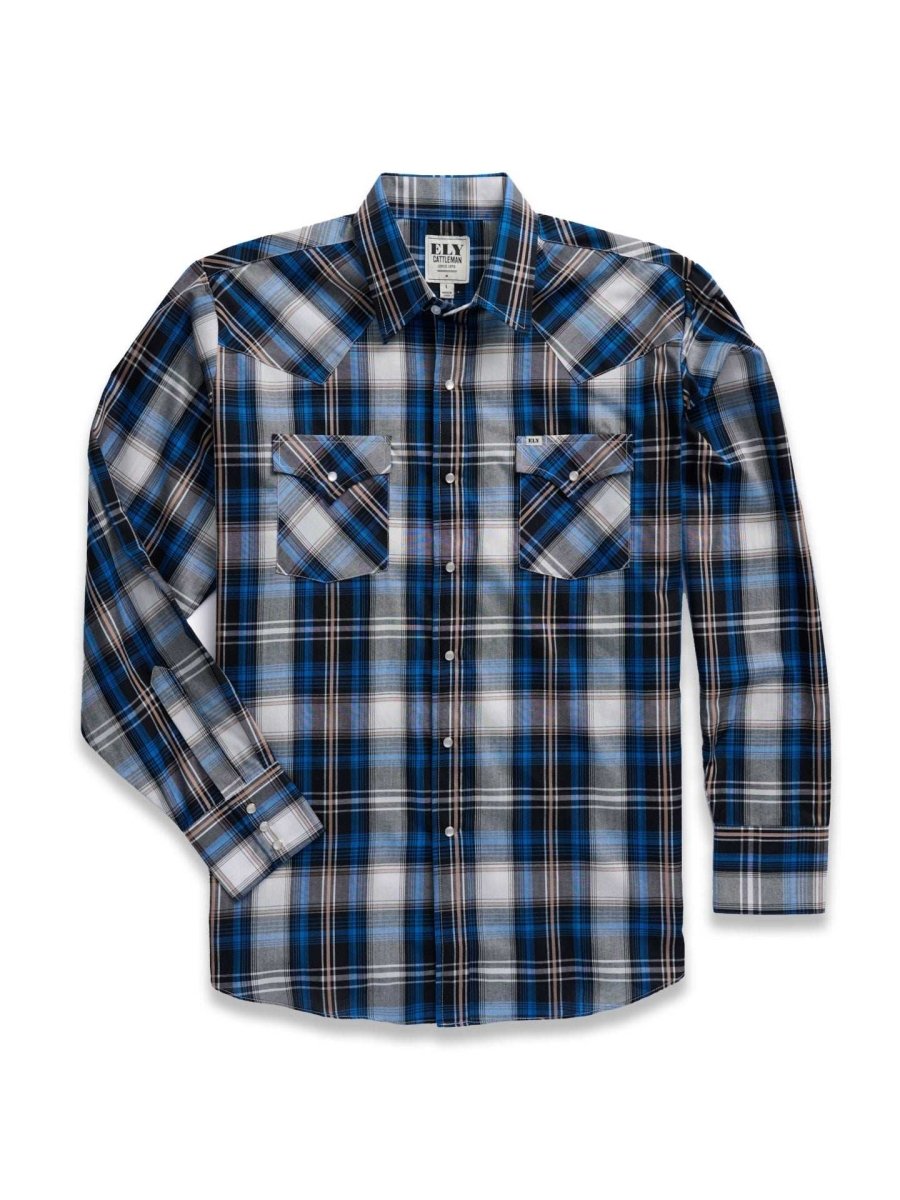 Men's Ely Cattleman Long Sleeve Textured Plaid Western Snap Shirt- Blue & Burgundy - Ely Cattleman