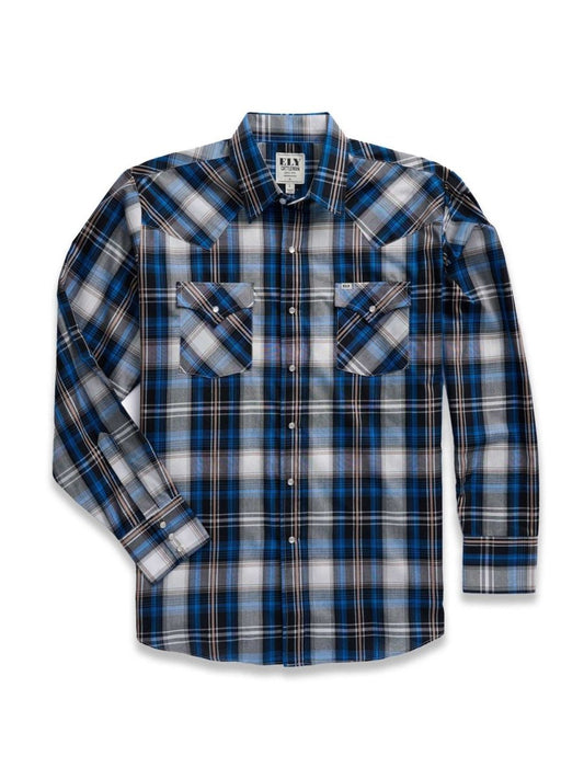 Men's Ely Cattleman Long Sleeve Textured Plaid Western Snap Shirt- Blue & Burgundy - Ely Cattleman - Flyclothing LLC