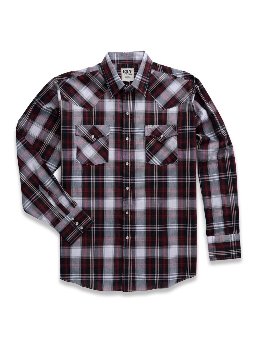 Men's Ely Cattleman Long Sleeve Textured Plaid Western Snap Shirt- Blue & Burgundy - Ely Cattleman - Flyclothing LLC