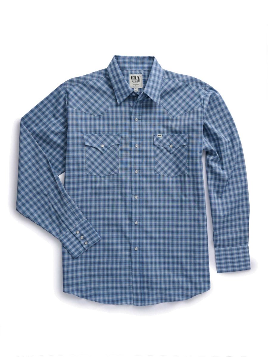 Men's Ely Cattleman Long Sleeve Classic Check Western Snap Shirt- Blue & Black - Ely Cattleman