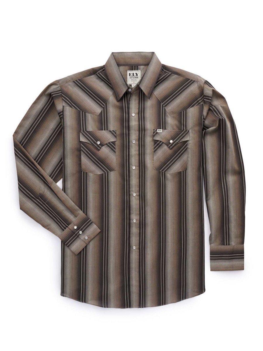 Men's Ely Cattleman Long Sleeve Textured Stripe Western Snap Shirt- Brown & Navy - Ely Cattleman