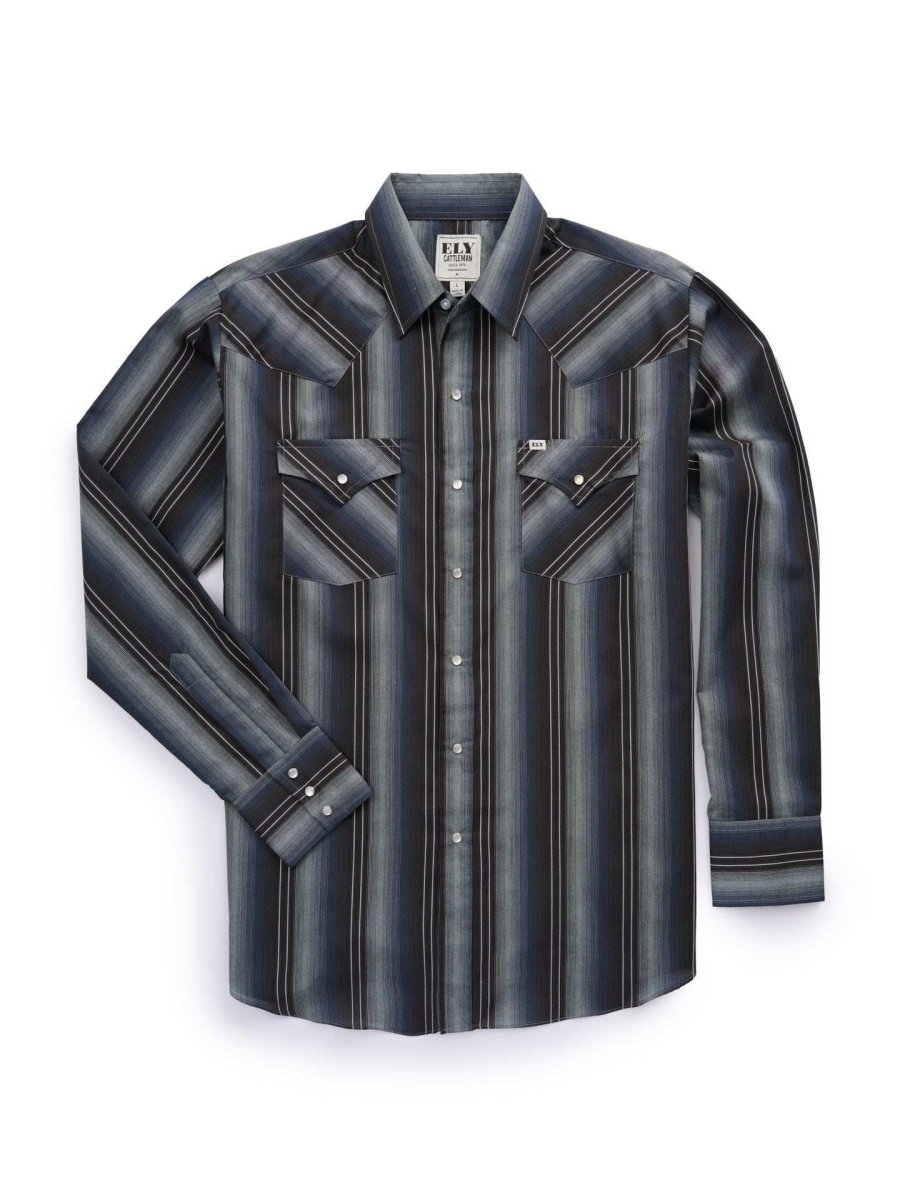 Men's Ely Cattleman Long Sleeve Textured Stripe Western Snap Shirt- Brown & Navy - Ely Cattleman - Flyclothing LLC