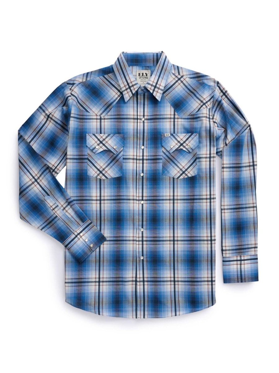 Men's Ely Cattleman Long Sleeve Textured Plaid Western Snap Shirt- Rust & Navy - Ely Cattleman - Flyclothing LLC