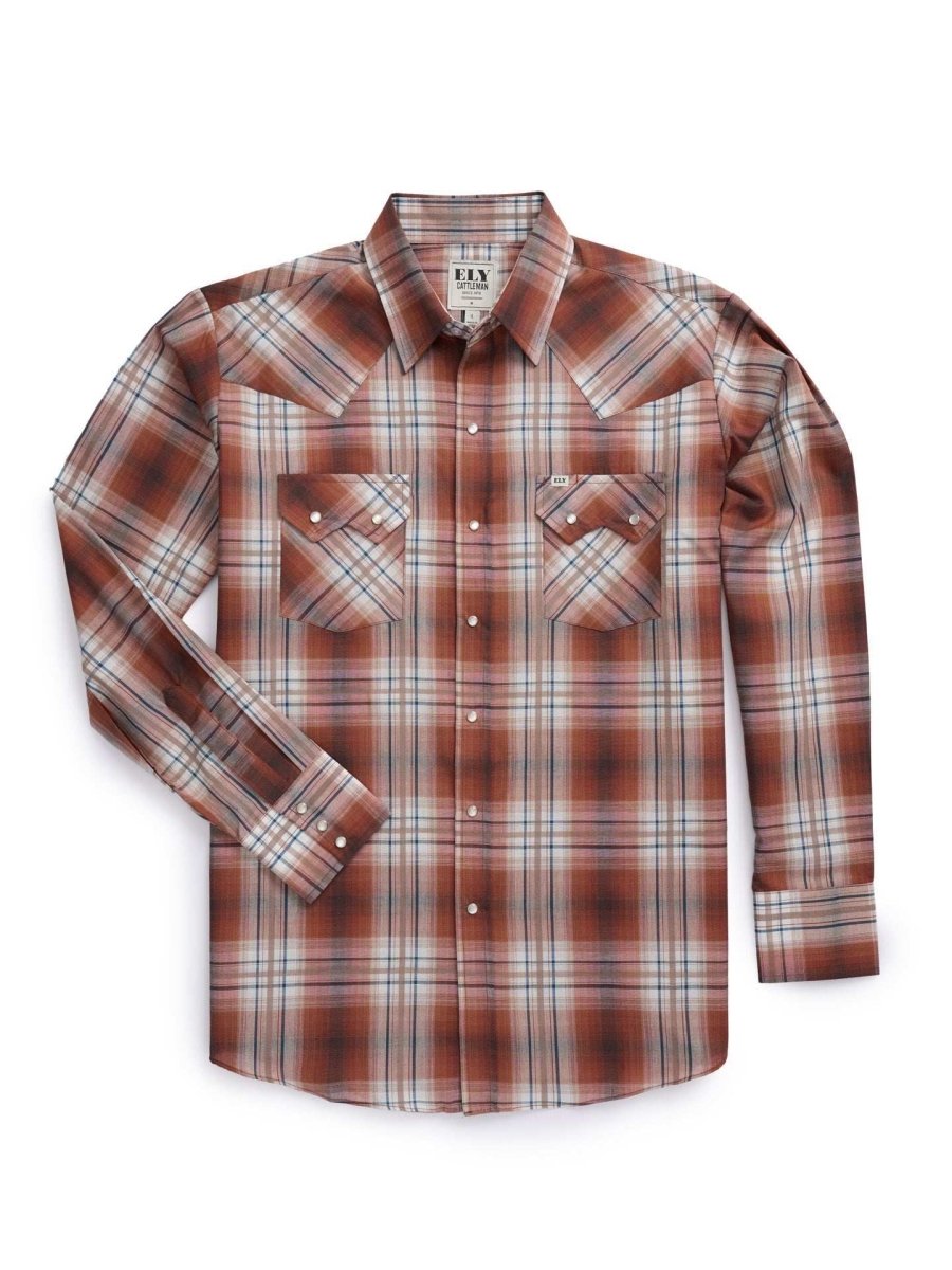 Men's Ely Cattleman Long Sleeve Textured Plaid Western Snap Shirt- Rust & Navy - Ely Cattleman - Flyclothing LLC