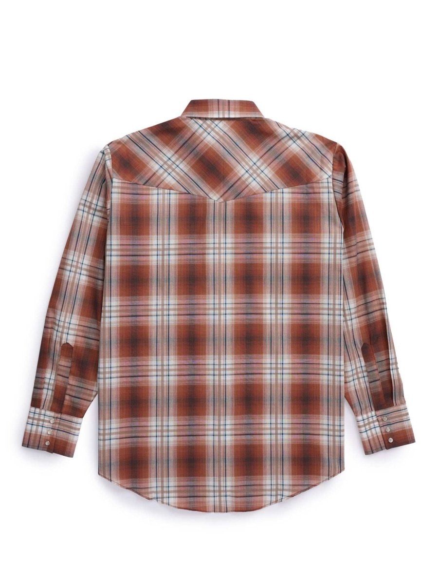 Men's Ely Cattleman Long Sleeve Textured Plaid Western Snap Shirt- Rust & Navy - Ely Cattleman - Flyclothing LLC