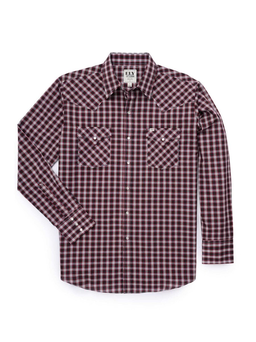 Men's Ely Cattleman Long Sleeve Classic Check Western Snap Shirt- Turquoise & Red - Ely Cattleman - Flyclothing LLC