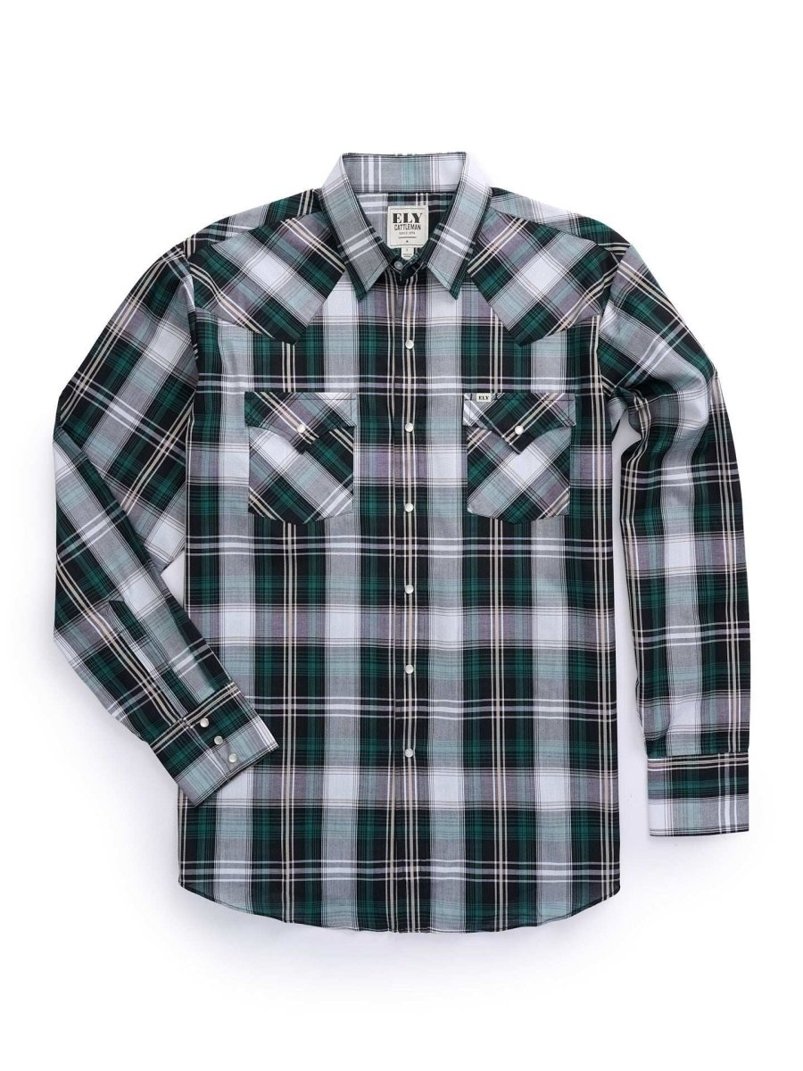 Men's Ely Cattleman Long Sleeve Textured Green Plaid Western Snap Shirt - Ely Cattleman