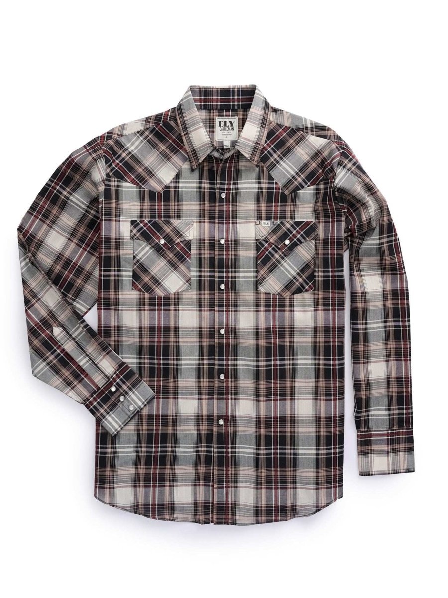 Men's Ely Cattleman Long Sleeve Textured Green Plaid Western Snap Shirt - Ely Cattleman - Flyclothing LLC