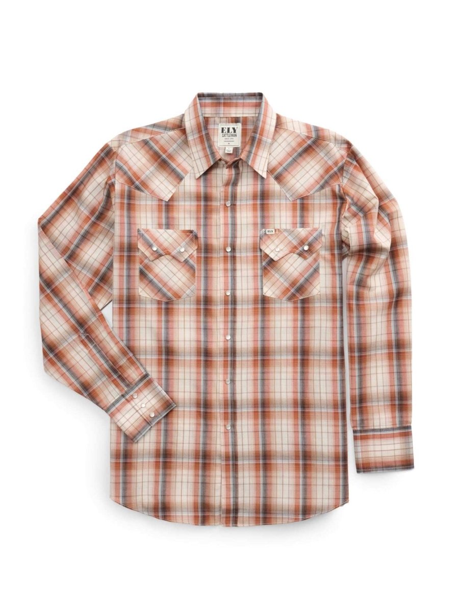 Men's Ely Cattleman Long Sleeve Textured Plaid Western Snap Shirt- Rust & Blue - Ely Cattleman - Flyclothing LLC