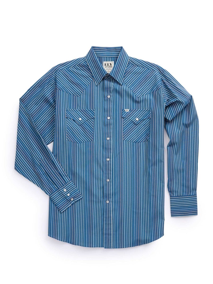 Men's Ely Cattleman Long Sleeve Textured Stripe Western Snap Shirt- White & Navy - Ely Cattleman - Flyclothing LLC