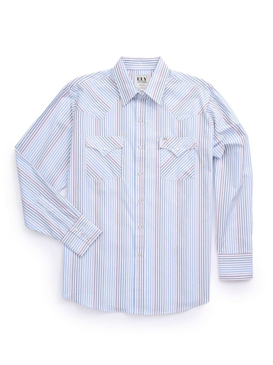 Men's Ely Cattleman Long Sleeve Textured Stripe Western Snap Shirt- White & Navy - Ely Cattleman - Flyclothing LLC