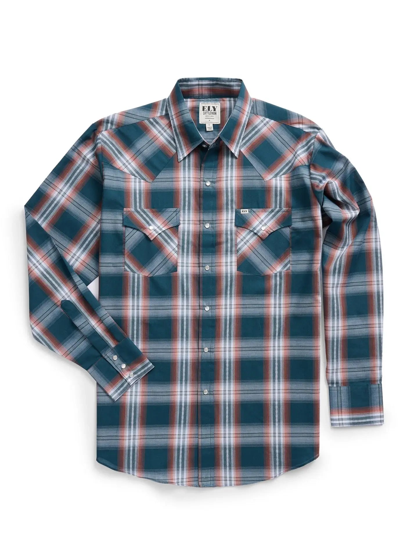 Men's Ely Cattleman Long Sleeve Textured Plaid Western Snap Shirt- Teal - Ely Cattleman - Flyclothing LLC