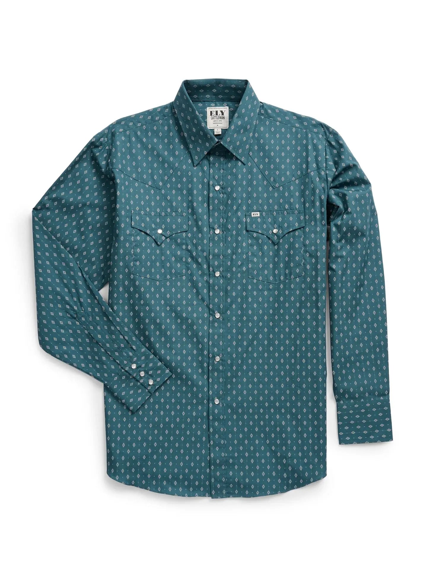 Men's Ely Cattleman Long Sleeve Geo Print Western Snap Shirt- Teal - Ely Cattleman - Flyclothing LLC