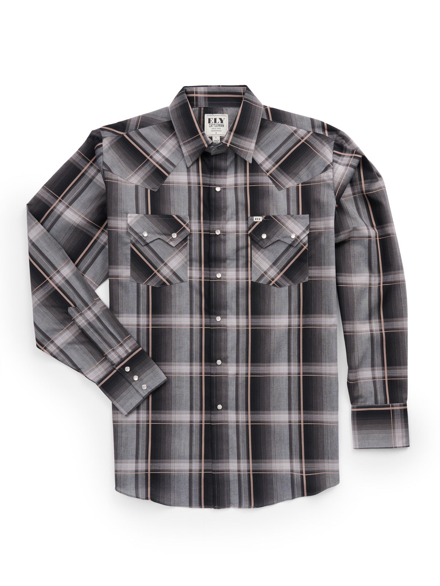 Men's Ely Cattleman Long Sleeve Textured Plaid Western Snap Shirt- Black