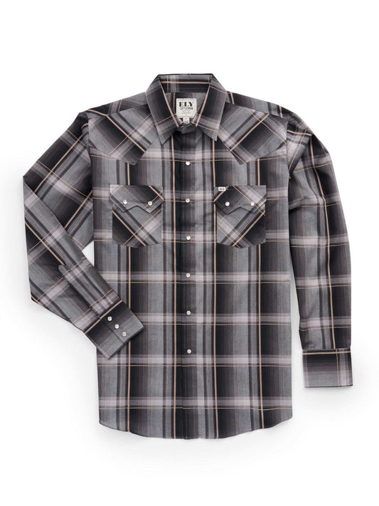 Men's Ely Cattleman Long Sleeve Textured Plaid Western Snap Shirt- Black - Ely Cattleman - Flyclothing LLC