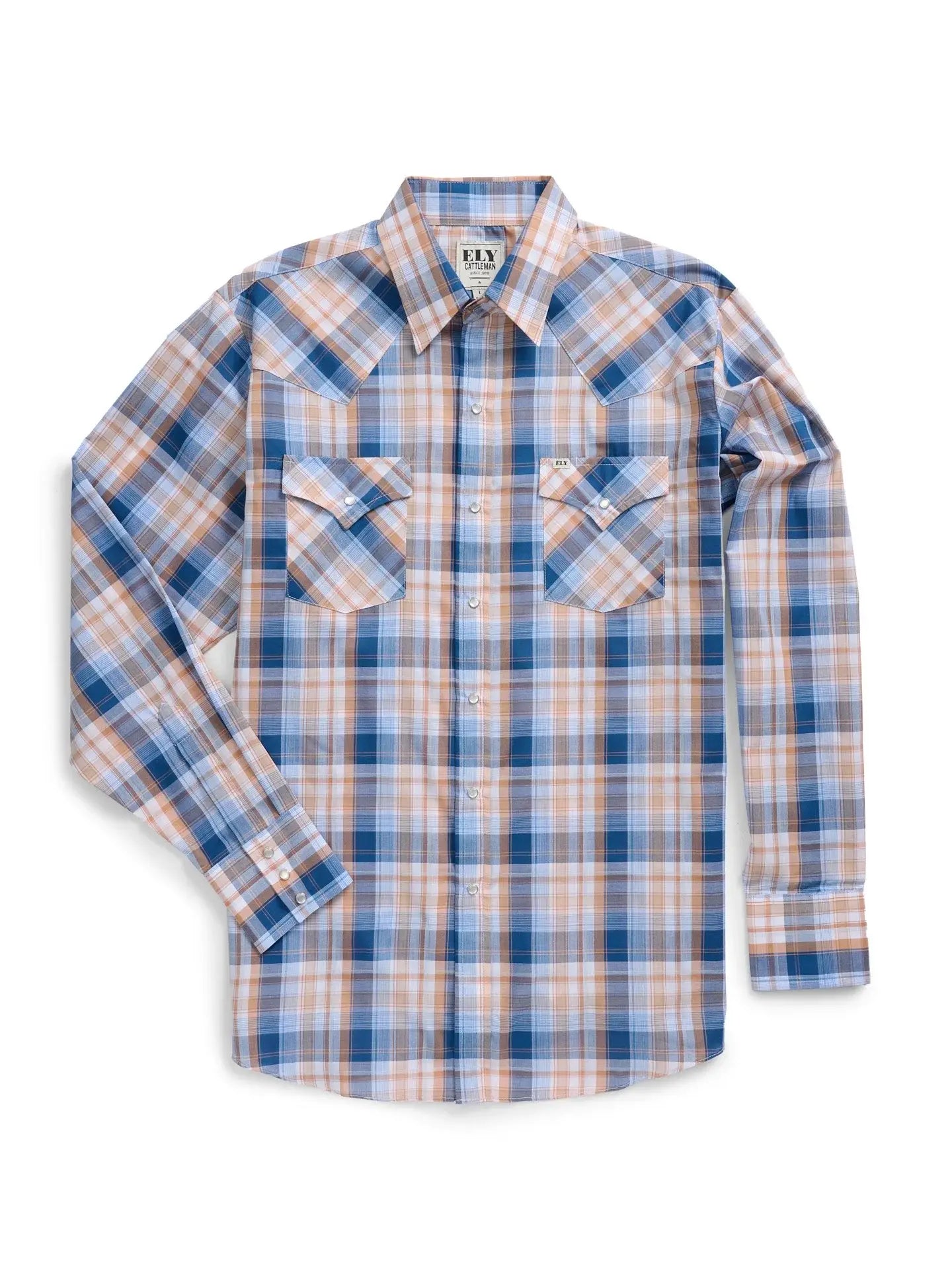 Men's Ely Cattleman Long Sleeve Textured Plaid Western Snap Shirt- Navy/Gold - Ely Cattleman - Flyclothing LLC