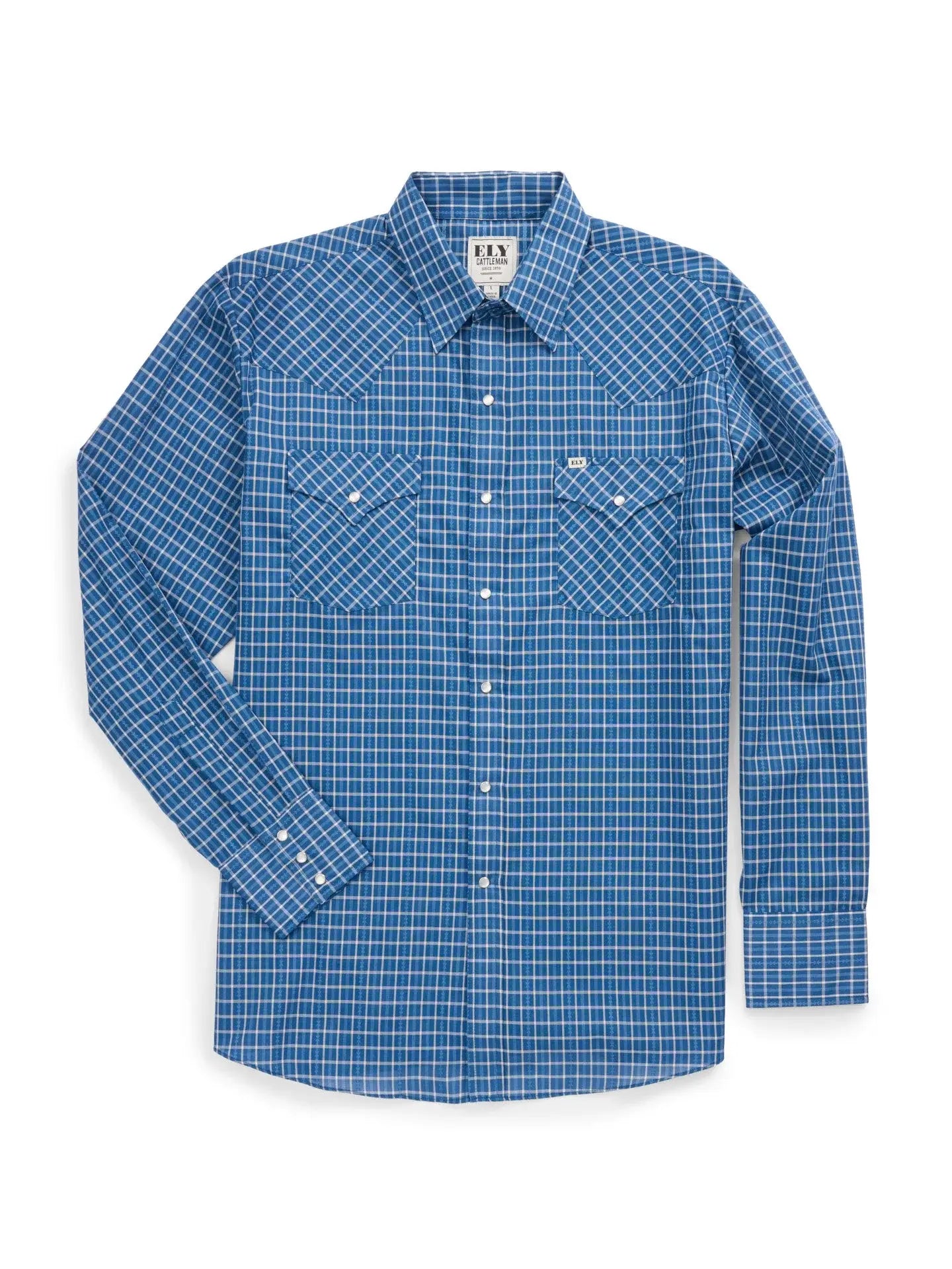 Men's Ely Cattleman Long Sleeve Barbed Wire Dobby Plaid Western Snap Shirt- Navy - Ely Cattleman - Flyclothing LLC