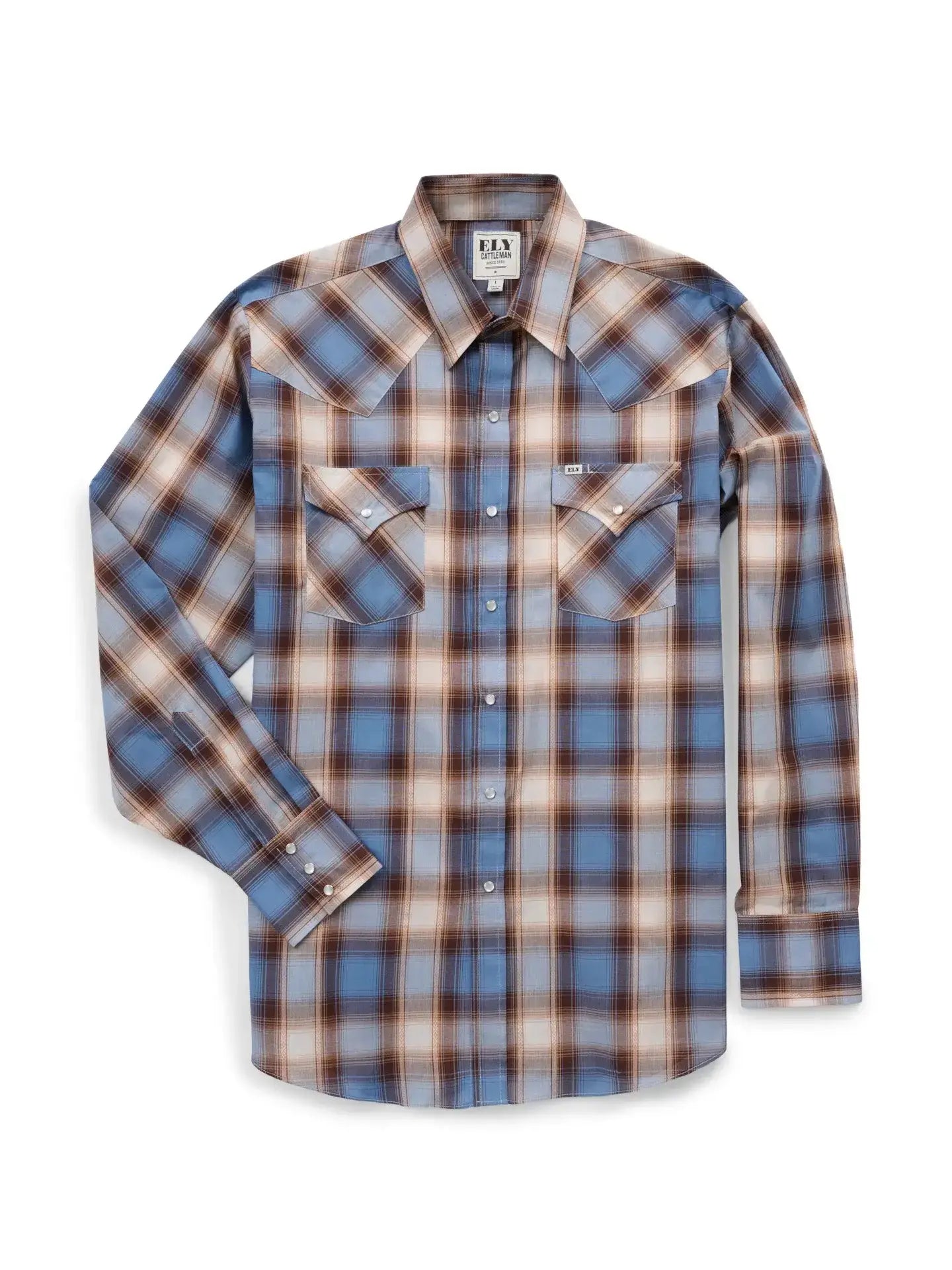 Men's Ely Cattleman Long Sleeve Textured Plaid Western Snap Shirt- Denim Blue - Ely Cattleman - Flyclothing LLC