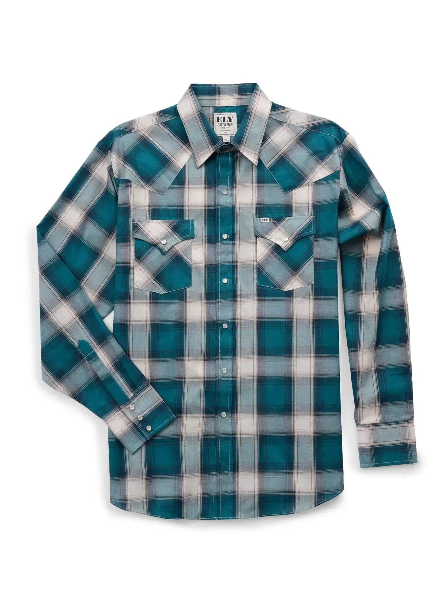 Men's Ely Cattleman Long Sleeve Textured Plaid Western Snap Shirt- Teal - Ely Cattleman - Flyclothing LLC