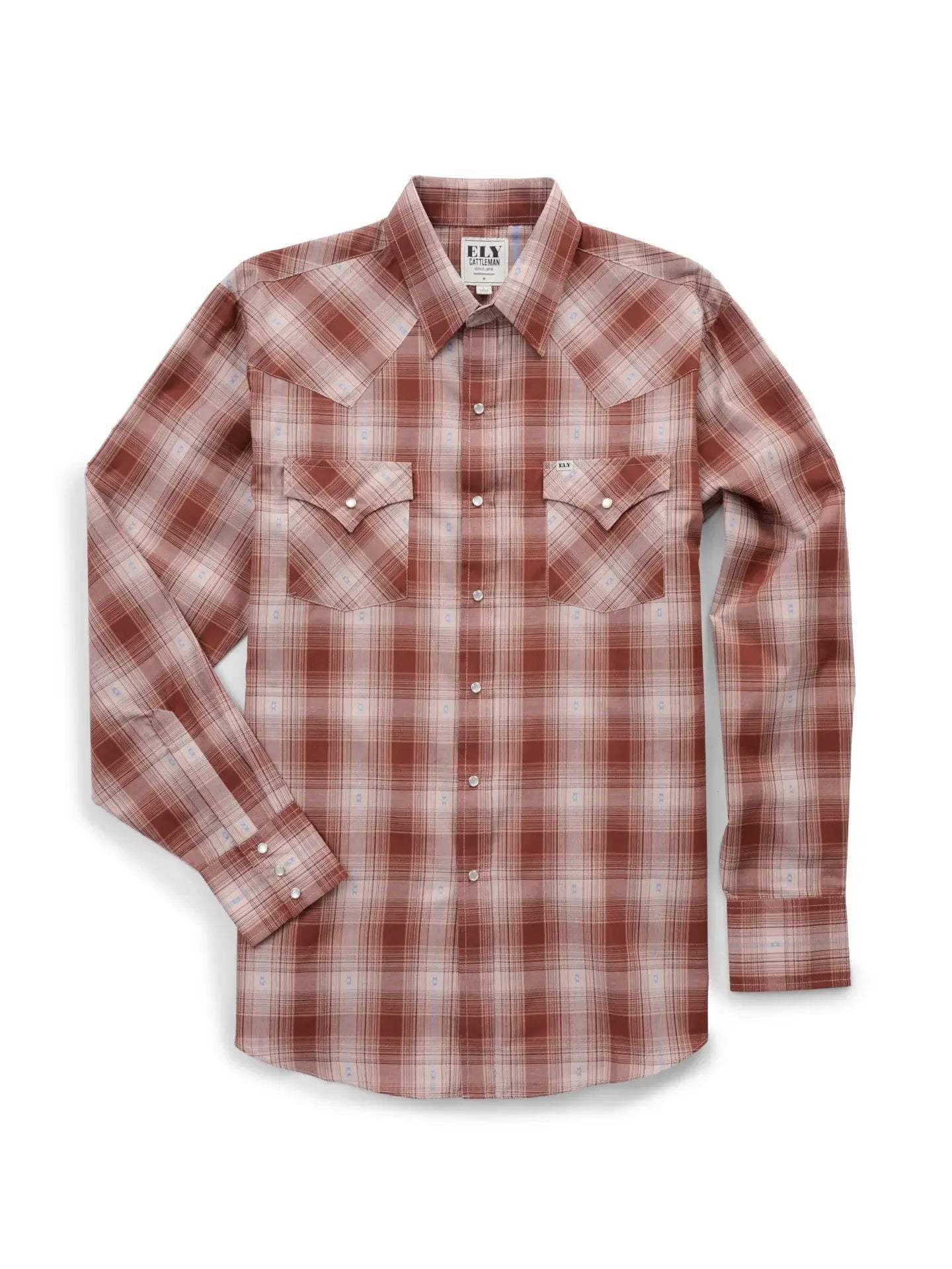 Men's Ely Cattleman Long Sleeve Textured Plaid Western Snap Shirt- Brown - Ely Cattleman - Flyclothing LLC
