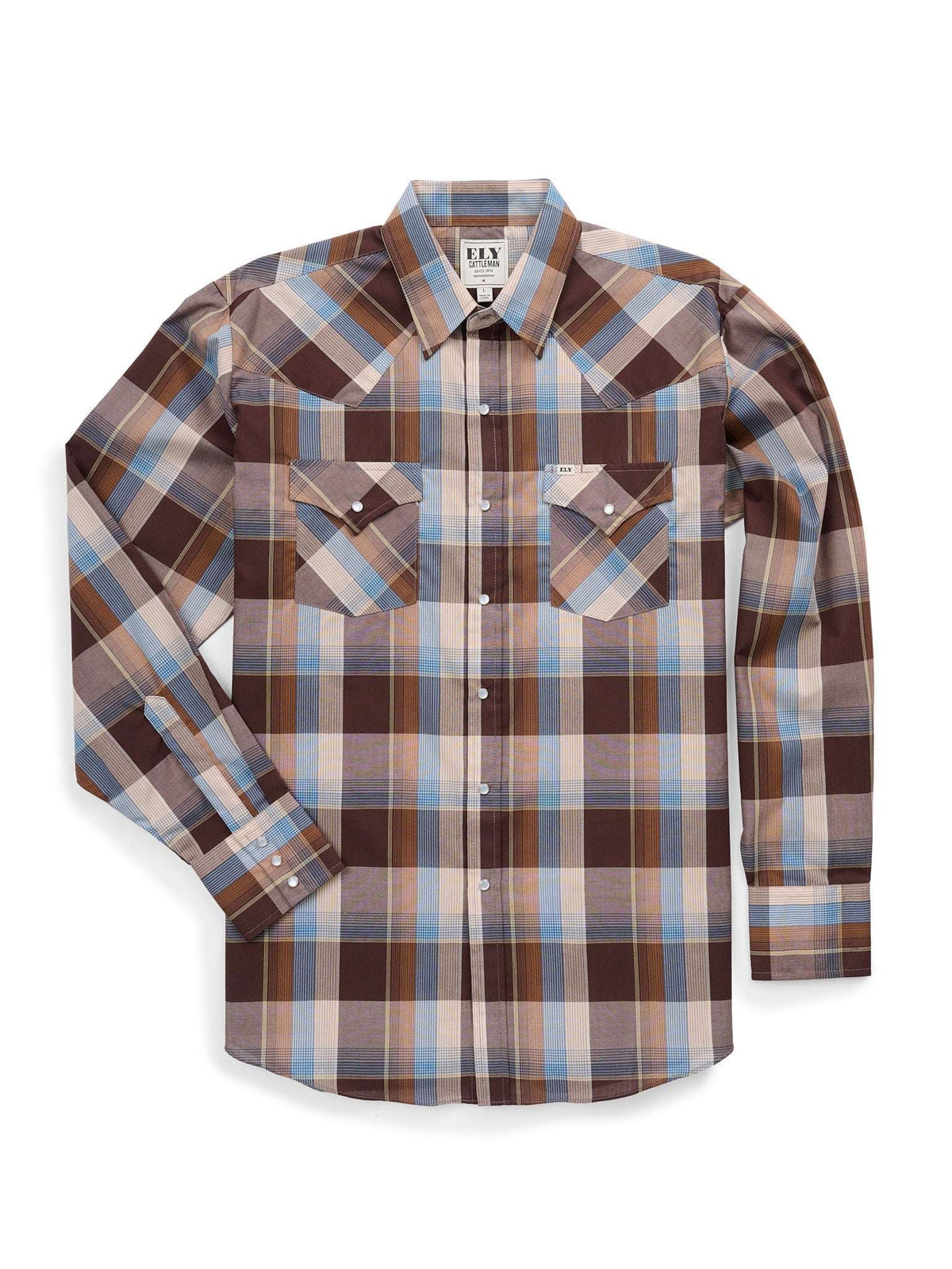 Men's Ely Cattleman Long Sleeve Textured Plaid Western Snap Shirt- Chocolate - Ely Cattleman - Flyclothing LLC