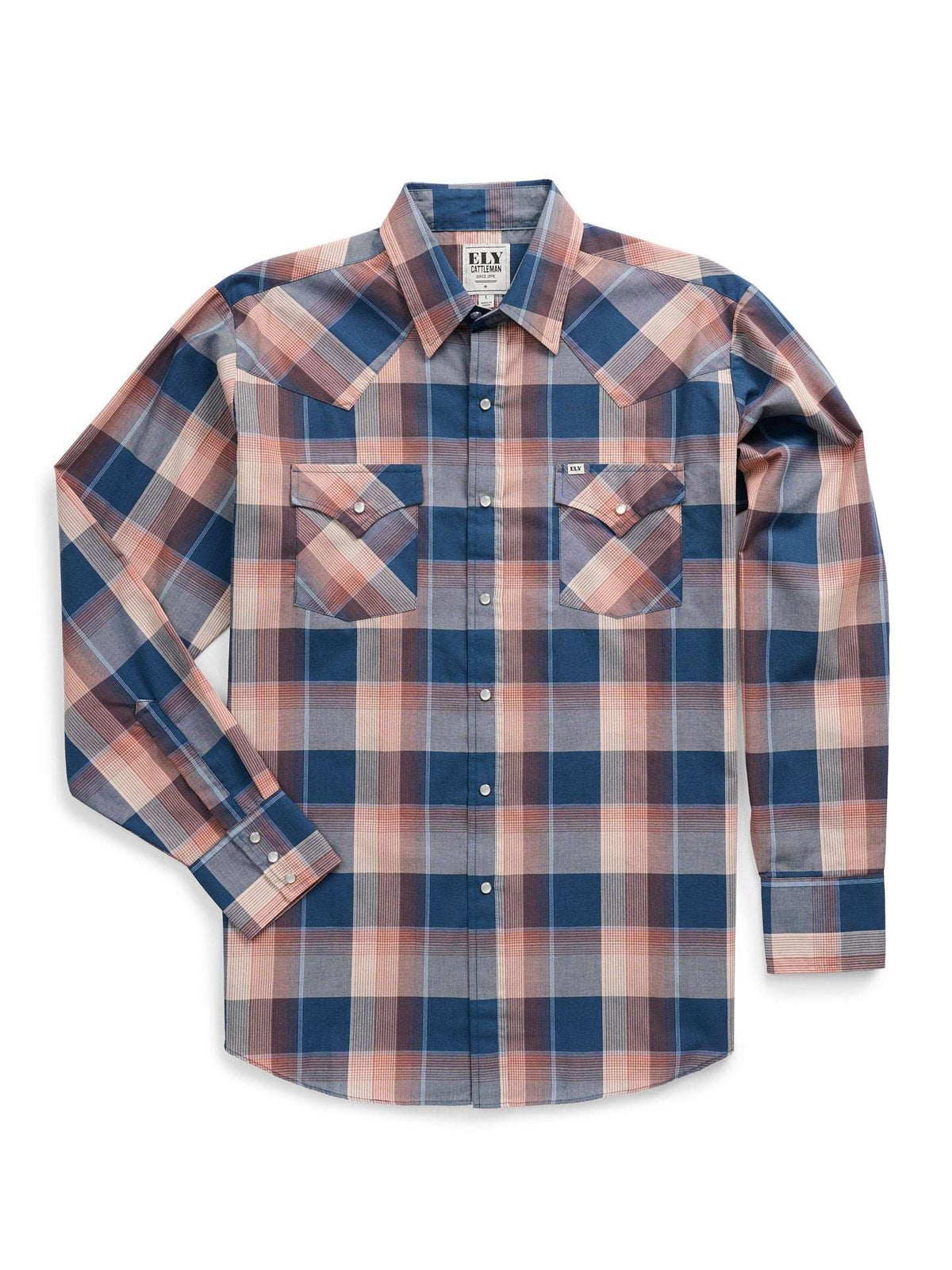 Men's Ely Cattleman Long Sleeve Textured Plaid Western Snap Shirt- Denim Blue - Ely Cattleman - Flyclothing LLC