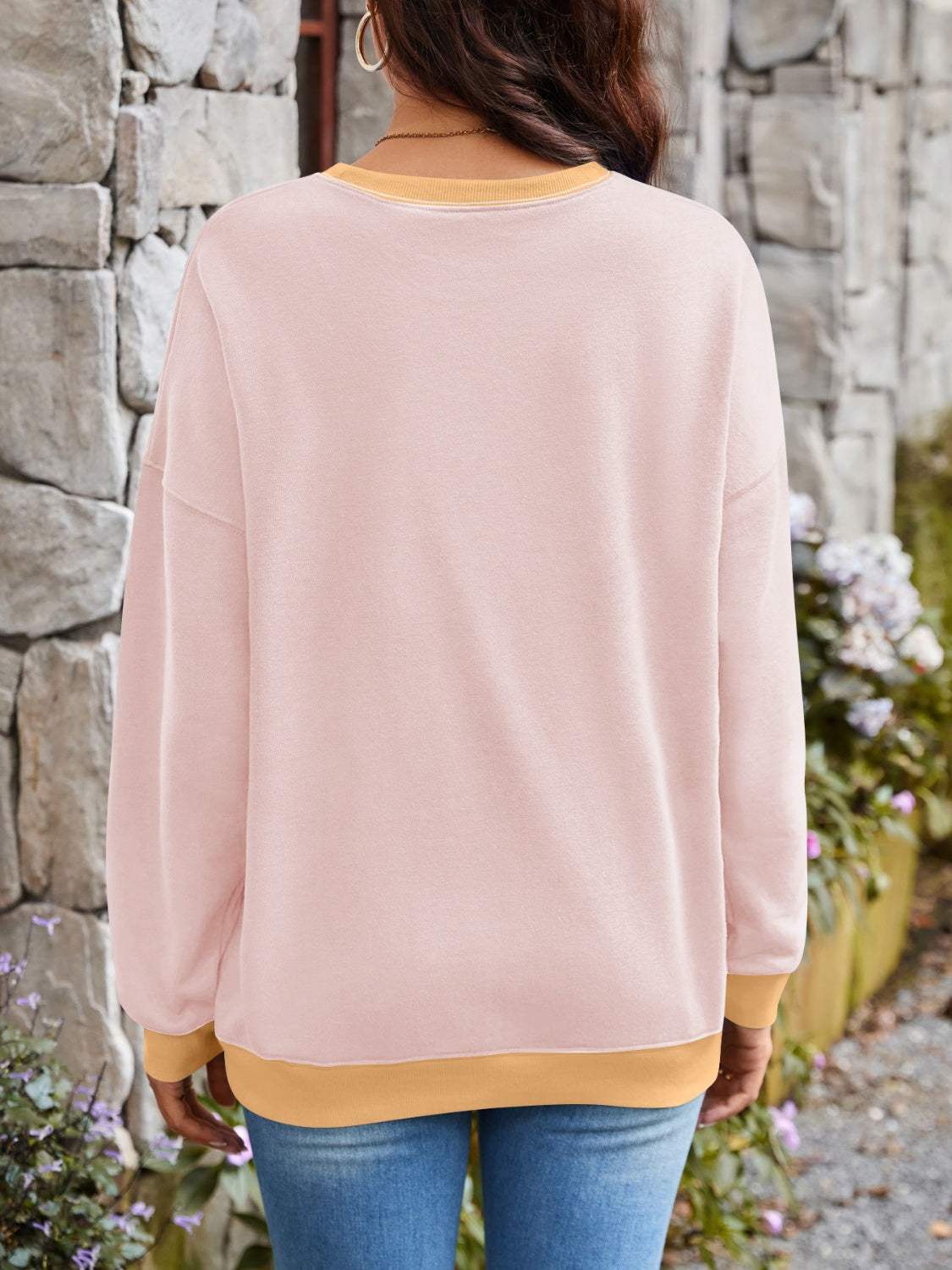 Contrast Round Neck Long Sleeve Sweatshirt - Trendsi - Flyclothing LLC