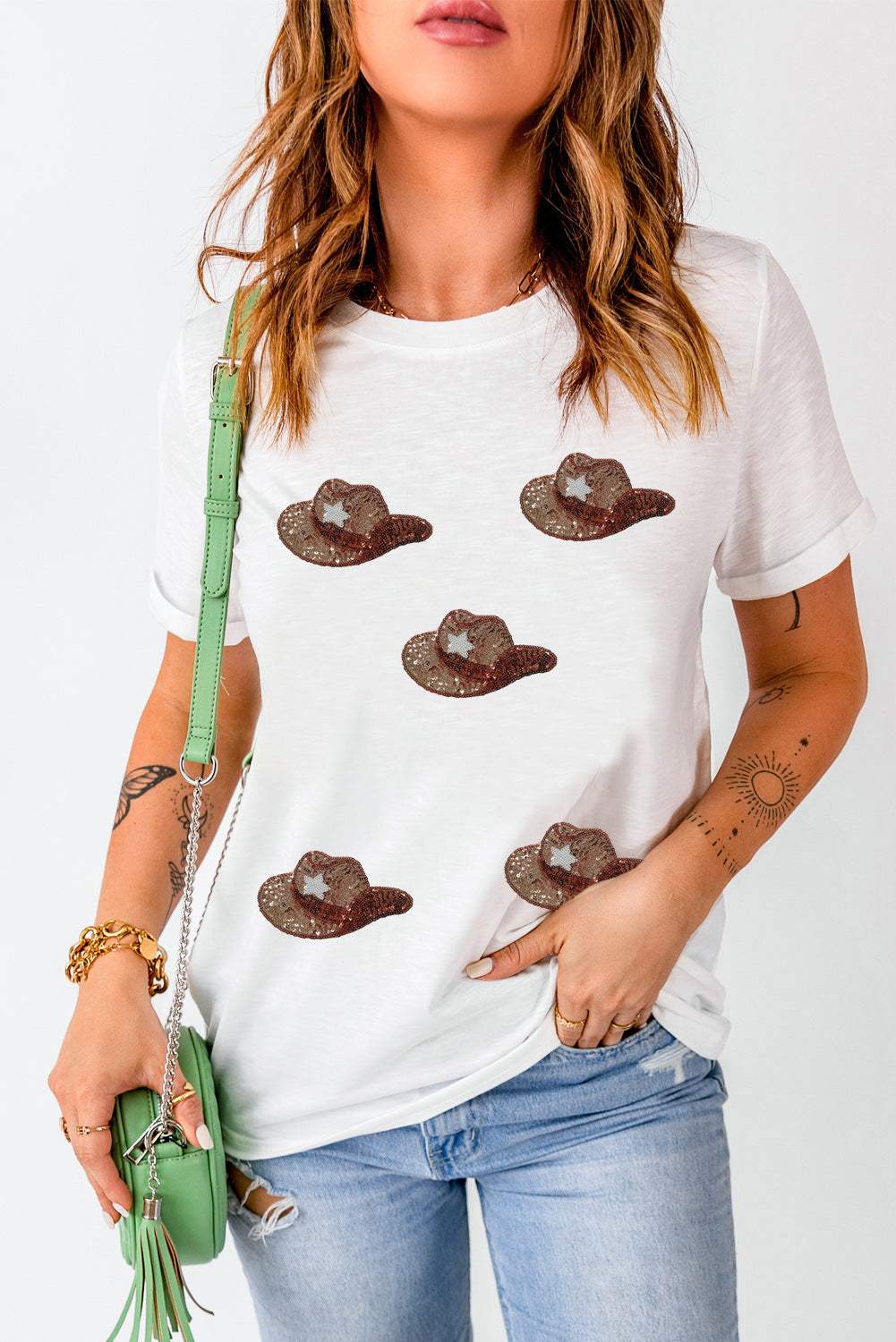 Sequin Hat Round Neck Short Sleeve T-Shirt - Trendsi - Flyclothing LLC