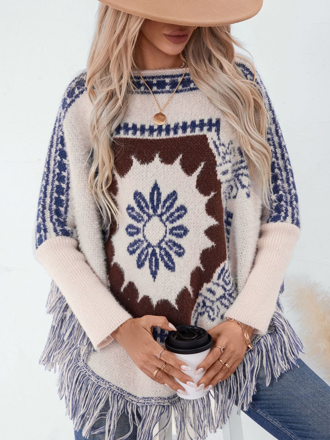 Fringe Geometric Long Sleeve Poncho - Trendsi