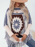 Fringe Geometric Long Sleeve Poncho - Trendsi