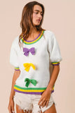 BiBi Short Puff Sleeve Ribbon Bow Mardi Gras Sweater - Trendsi - Flyclothing LLC