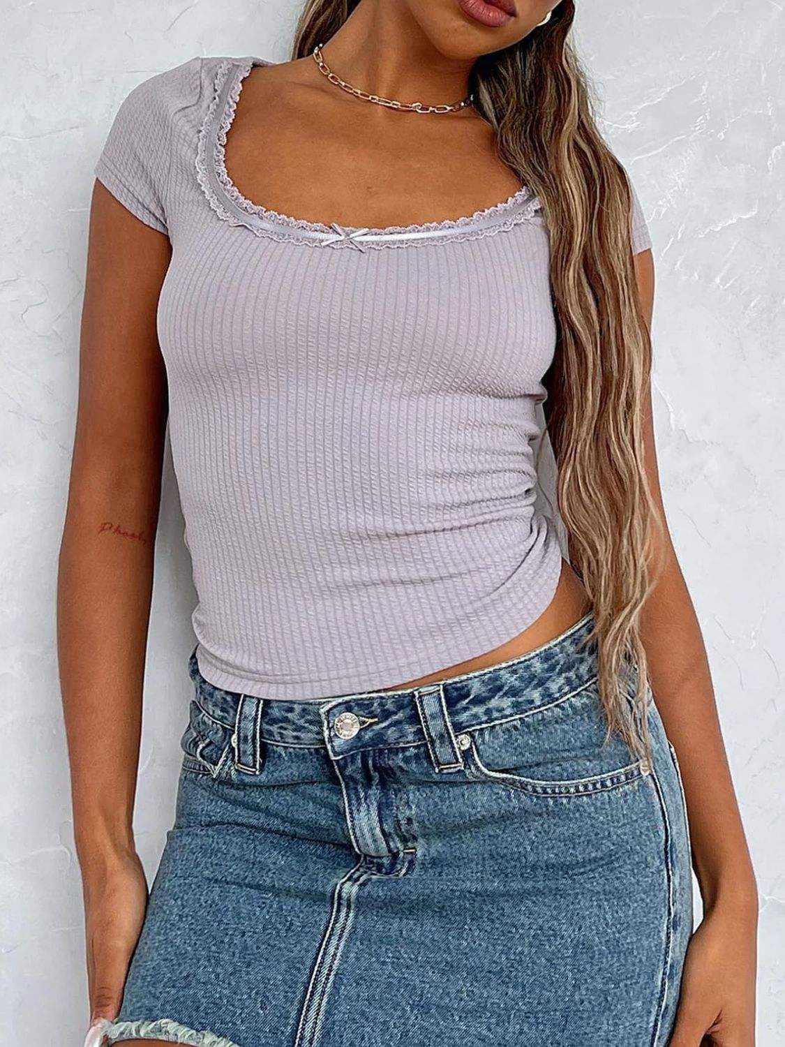 Lace Detail Scoop Neck Short Sleeve T-Shirt - Trendsi - Flyclothing LLC