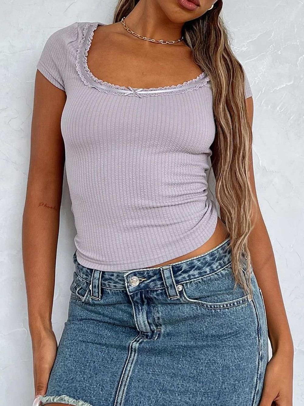 Lace Detail Scoop Neck Short Sleeve T-Shirt - Trendsi - Flyclothing LLC