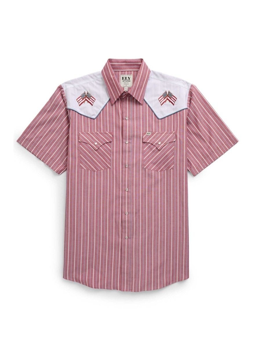 Men's Ely Cattleman Short Sleeve Stripe with Flag Embroidery Western Snap Shirt - Ely Cattleman