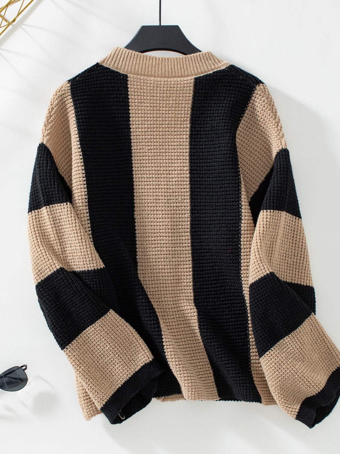 Waffle-Knit V-Neck Striped Long Sleeve Cardigan - Trendsi - Flyclothing LLC