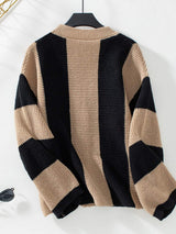 Waffle-Knit V-Neck Striped Long Sleeve Cardigan - Trendsi - Flyclothing LLC