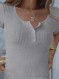 Ribbed Button Detail Round Neck Short Sleeve T-Shirt - Trendsi - Flyclothing LLC