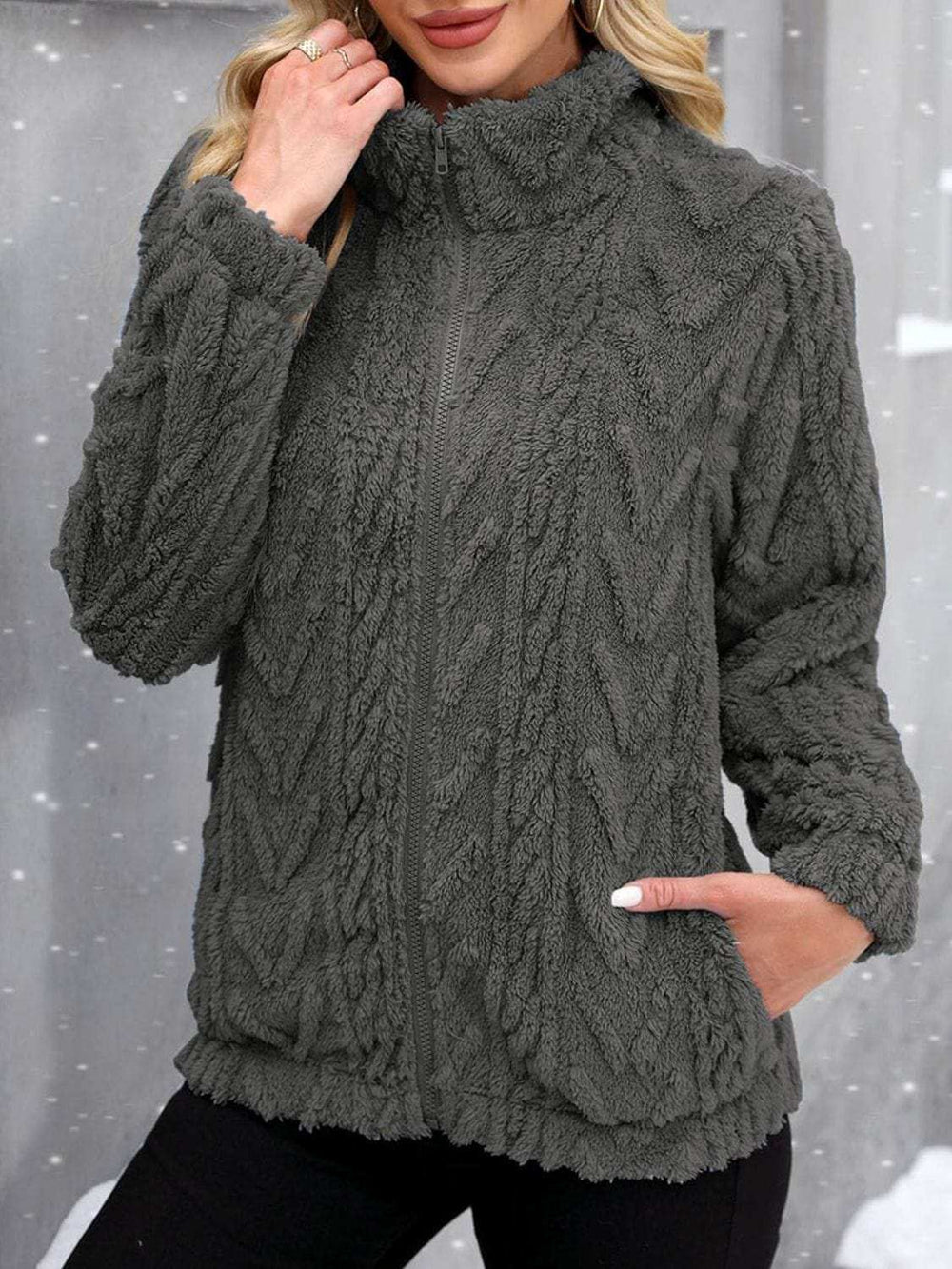 Fuzzy Zip Up Long Sleeve Jacket - Trendsi - Flyclothing LLC