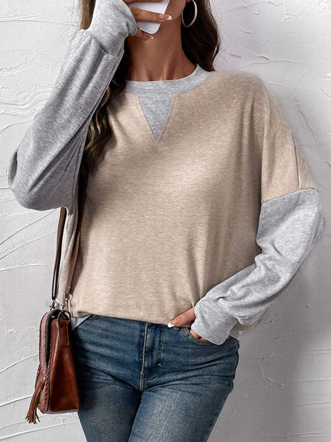 Perfee Contrast Round Neck Long Sleeve T-Shirt - Trendsi - Flyclothing LLC