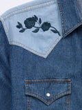 Men's Ely Cattleman Retro Contrast Denim Western Snap Shirt with Rose Embroidery
