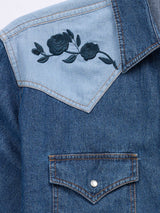 Men's Ely Cattleman Retro Contrast Denim Western Snap Shirt with Rose Embroidery
