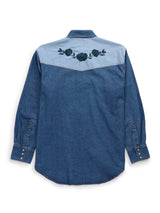 Men's Ely Cattleman Retro Contrast Denim Western Snap Shirt with Rose Embroidery