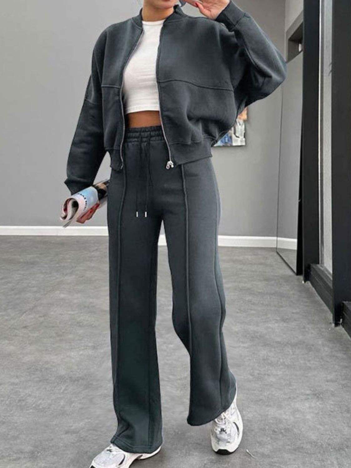 Baseball Collar Zip Up Outerwear and Drawstring Pants Set - Trendsi - Flyclothing LLC