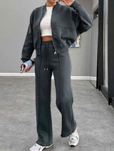 Baseball Collar Zip Up Outerwear and Drawstring Pants Set - Trendsi - Flyclothing LLC