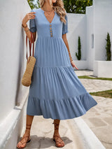 Notched Short Sleeve Tiered Midi Dress - Trendsi - Flyclothing LLC